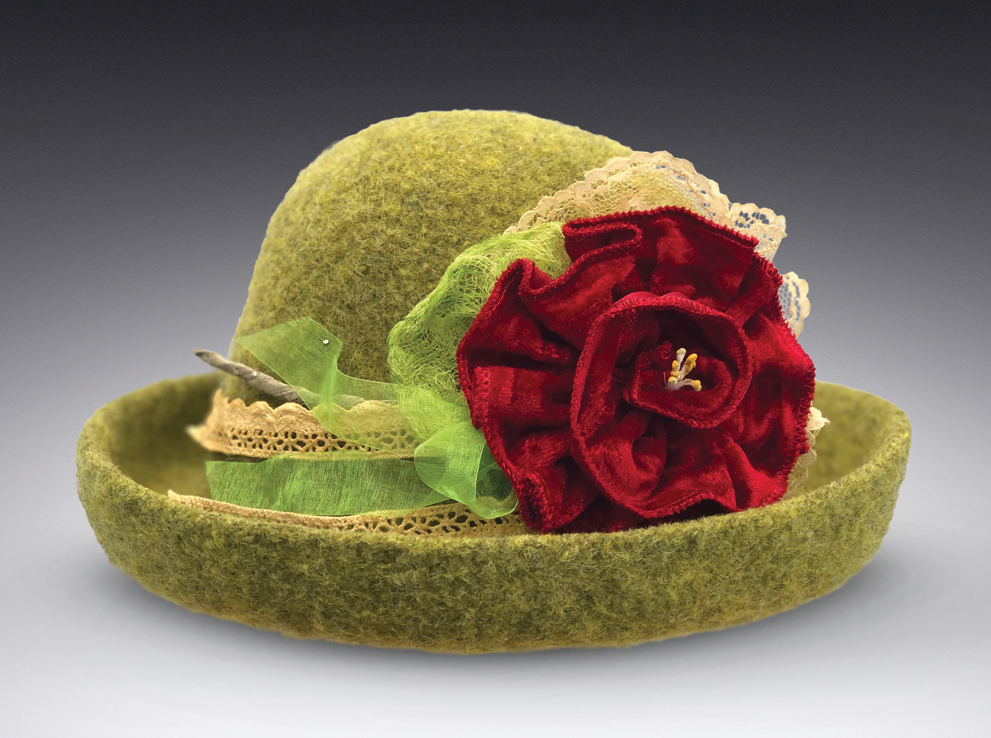 Tess McGuire, "Celery Brimmed Hat with Flower Pin" Wool felt, crushed red velvet rose, beads, lace, organdy ribbon. Flower pin is removable.