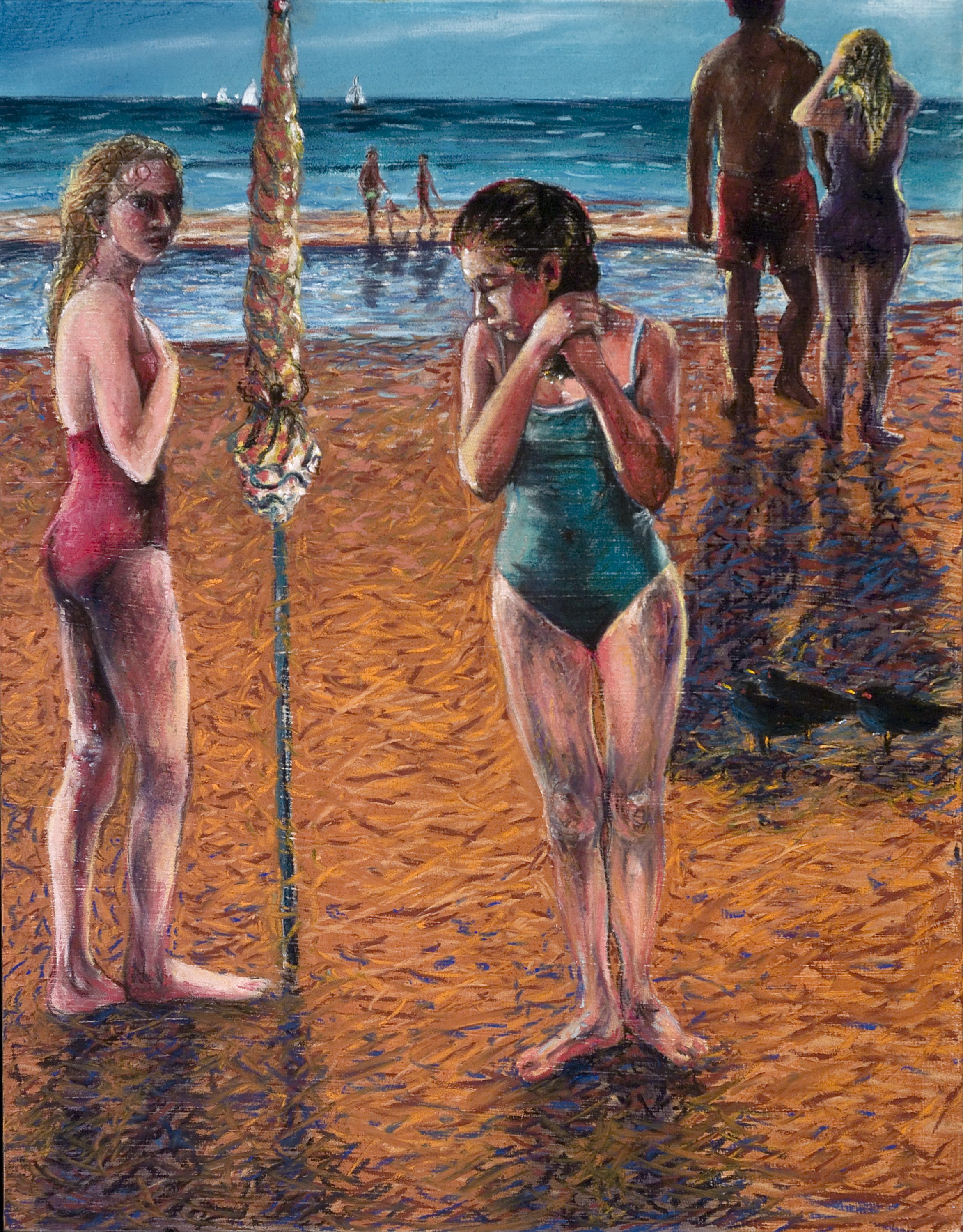 Linda Post's paintings and works on paper depict women, the sea, uncommon places and mysterious encounters. "Cusp of Summer" is a pastel on panel, 11" x 14", from a series that explores the nature of adolescence, relationships and the lure of the ocean.