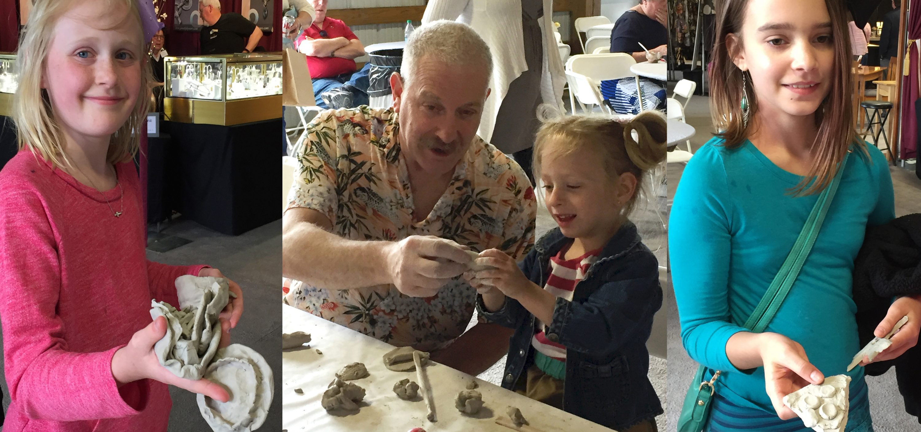 Enthusiastic would-be sculptors of all ages and skills love to play with clay. Alan and Rosemary Bennett create super-realistic life-sized aquatic sculpture in clay, and they lead workshops every day in Exhibition Building #2. From mermaids and frogs to pizza slices, clay is shaped, squished and rolled by many little hands at Paradise City.