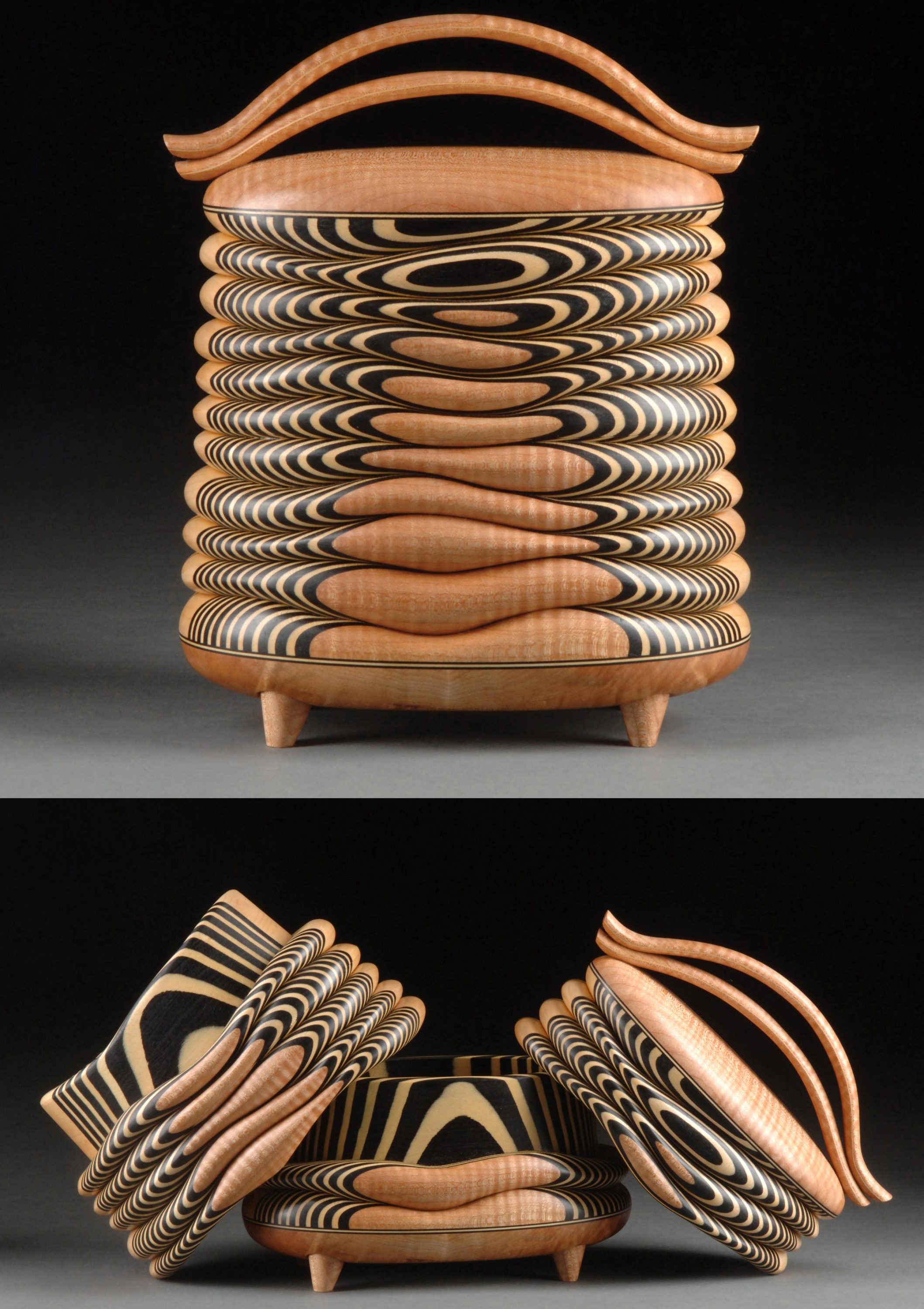 The undulating curves of Terry Evans’ extraordinary wooden boxes bring a fresh meaning to the words “functional art”. Evans is motivated by two obsessions - the desire to create objects of distinction, and the ongoing search for wood species that are visually engaging, whether they are incredibly rare varieties, or common local hardwoods that have somehow been overlooked. He travels to Northampton from Kansas. Stacking Double Box, maple and sycamore. 8" x 5" x 11.5" Overland Park, KS 66213