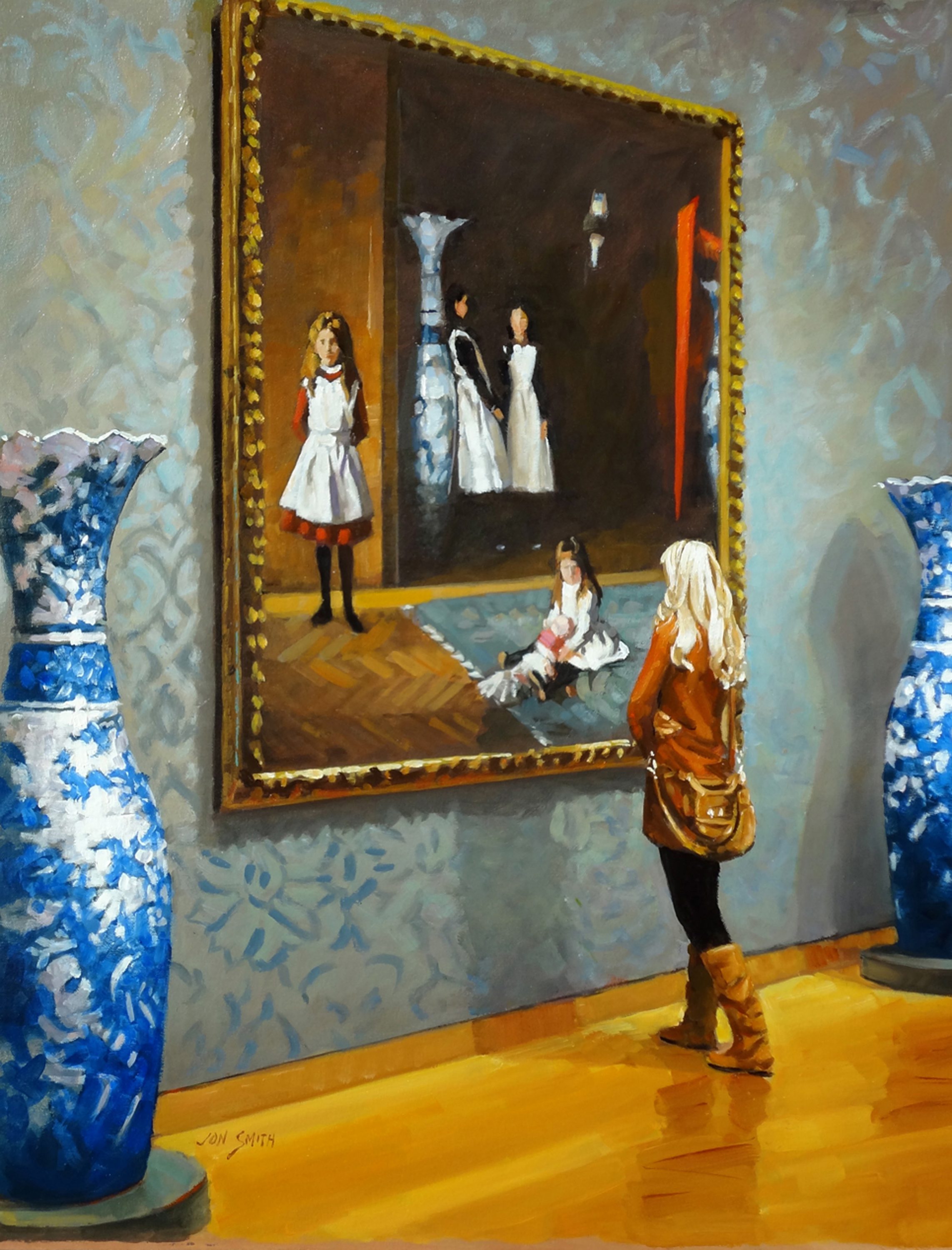 Jon Smith describes his style as “loose realism with a hint of Impressionism.” His ongoing studies led him inside museums, where he became enthralled with the relationship of people to artwork. Today, he loves creating oil paintings that capture the fine lines of museum architecture and the lively spontaneity of people enjoying the art. Smith believes the goal of his painting is provide an introduction to a story. “Don’t let the experts tell you how to look at a painting. Discover for yourself the story behind the image you are viewing,” he says. His work is included in many private and corporate collections including the Boston Stock Exchange, Omni and Westin Hotels in Boston and New Haven and even the venerable Union Oyster House. "Boston Museum of Fne Arts with Sargent": oil on canvas; 24" x 30"