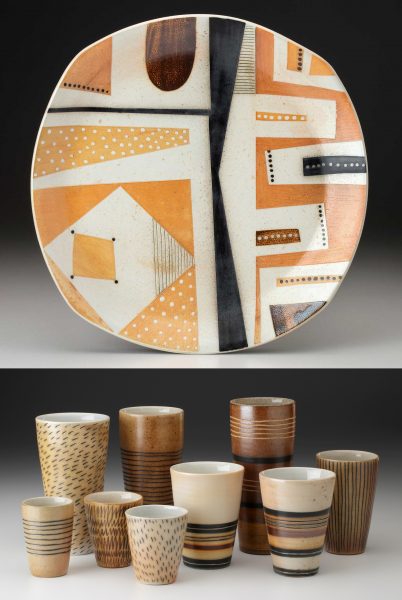 James Guggina's stoneware and porcelain ceramics always attract a crowd at Paradise City. He has relied on abstract patterning and repetition in his glazes for many years. His colors have gone from brillant jewel tones to soft earth tones, but his love of geometric designs is remarkably consistant.