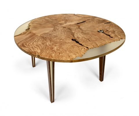 Round Resin Table, Hardwood Burl and Resin.