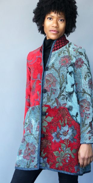 Mary Lynn O'Shea utilized her own woven jacquard fabrics to create the Bethel Jacket.
